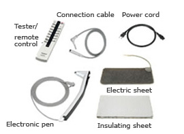 Connection cable  / Power cord / Tester/remote control  / Electronic pen / Electric sheet / Insulating sheet